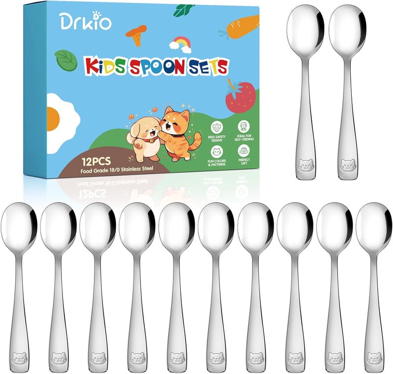 DRKIO طقم ملاعق أطفال من الفولاذ المقاوم للصدأ - 12 قطعة طقم ملاعق للأطفال آمنة للطعام للأطفال أدوات مائدة صغيرة ملعقة معدنية أدوات الأطفال آمنة في غسالة الصحون مصقولة بمرآة - Image 1
